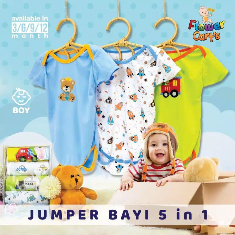 MOMS_ Jumper Pendek / Bodysuit Bayi Flower Carts 5in1 / BE LOVE