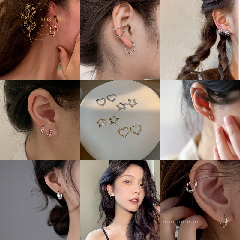 Roselife 1 Pasang Anting Tusuk Gantung Sterling Silver 925 Desain Hati / Bintang / Pita Gaya Korea Untuk Wanita