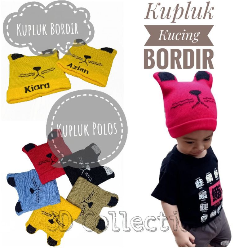 Topi Kupluk Kucing Rajut Bordir Nama Bayi Anak Balita