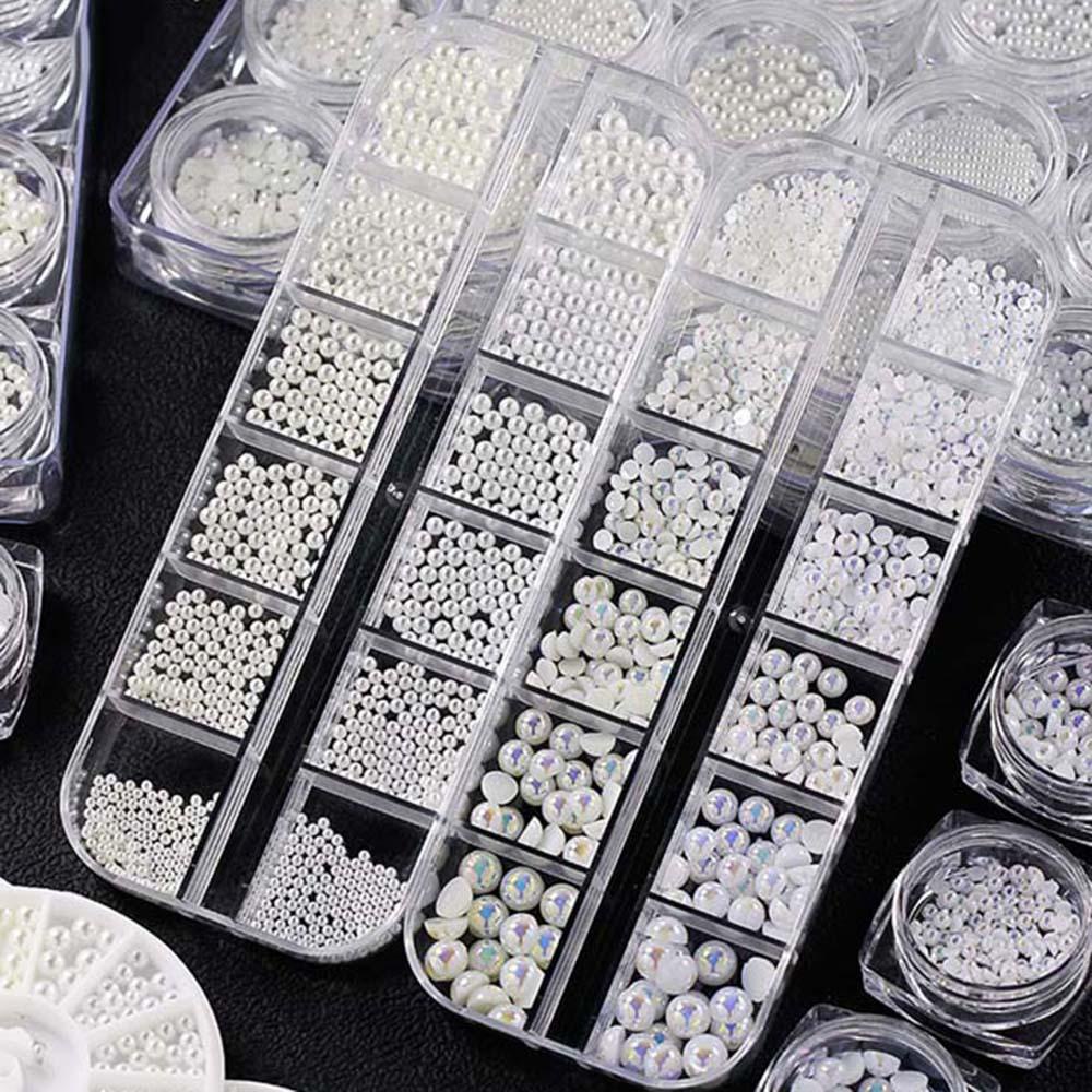 AUGUSTINA Agustina 3D Nail Art Dekorasi DIY Tips Manik-Manik Plastik Perhiasan AB Setengah Lingkaran-Mutiara