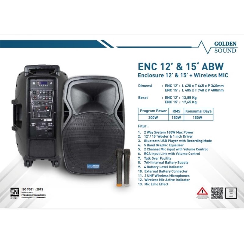 speaker aktif golden sound by jic 12 inch ENC 12 ABW ORIGINAL PLUS MIC WIRELESS