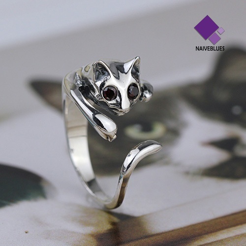 Cincin Model Terbuka Adjustable Desain Hewan Kucing Aksen Berlian Imitasi Untuk Wanita