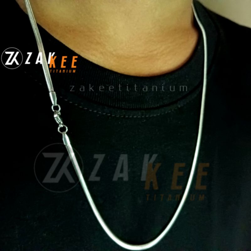 Kalung Titanium Pria Wanita Anti Karat Silver Belut Gepeng Pipih Silver Perak Emas Putih Cowok Cewek Stainless Steel Panjang 45cm 50cm 60cm