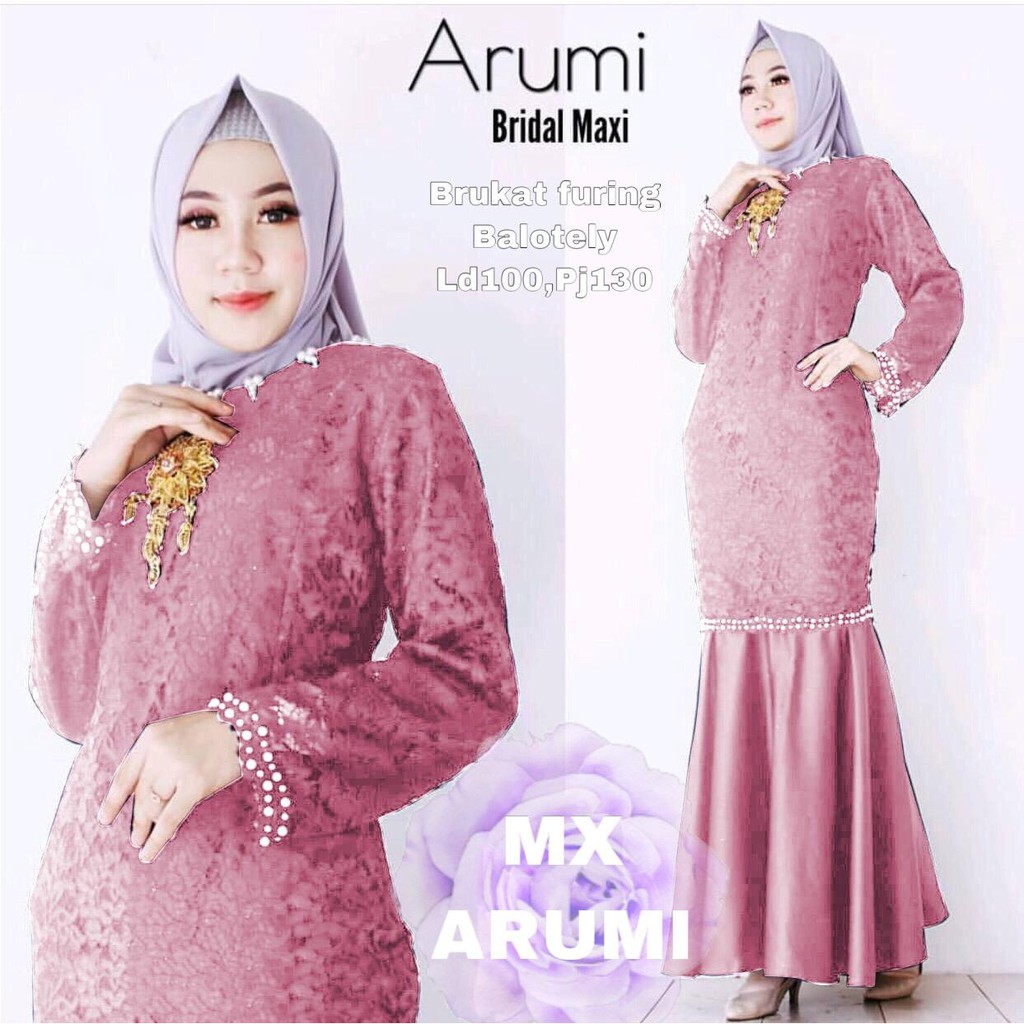 MAXI ARUMI  / MAXI DRESS BRUKAT APLIKASI MUTIARA / PAKAIAN PESTA WANITA / DRESS LEBARAN BRUKAT MUTIARA