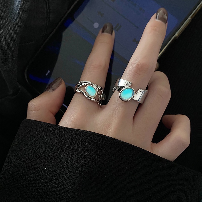 Cincin Jari Telunjuk Model Terbuka Desain Geometri Asimetris Aksen Moonstone Gaya hip hop Untuk Wanita