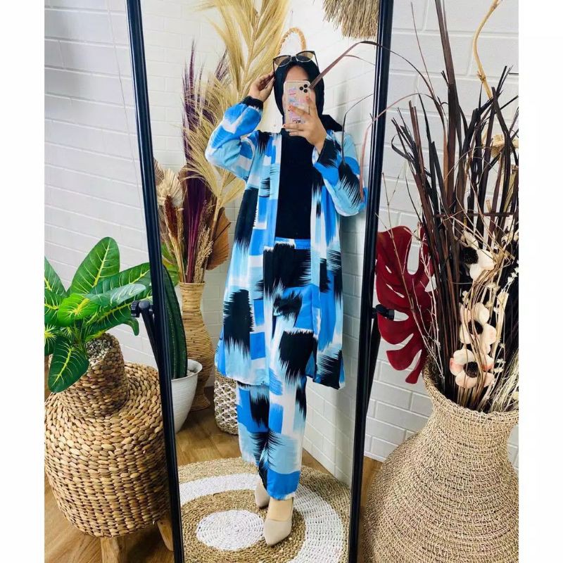 ONE SET SETELAN BLEZER CARDIGAN TIE DYE WANITA LENGAN PANJANG / ONE SET TIE DYE RAYON CORAL TERMURAH