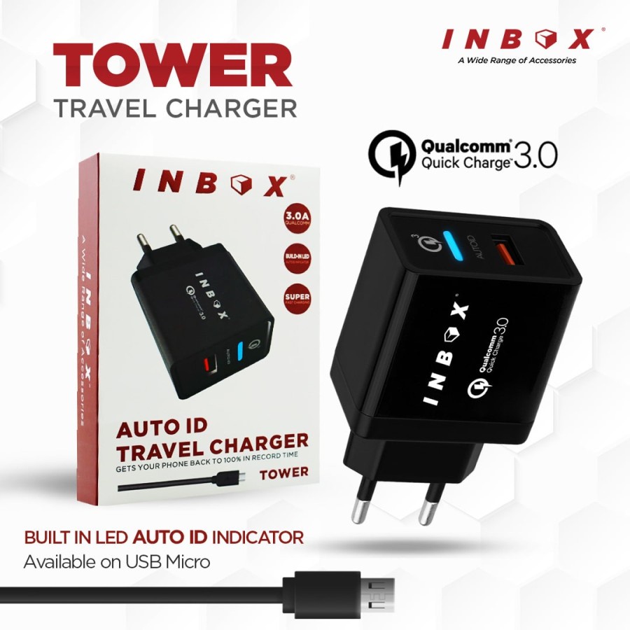 INBOX Charger TOWER AUTO ID Charger 3A QC 3.0 Fast Charging Free Kabel Data