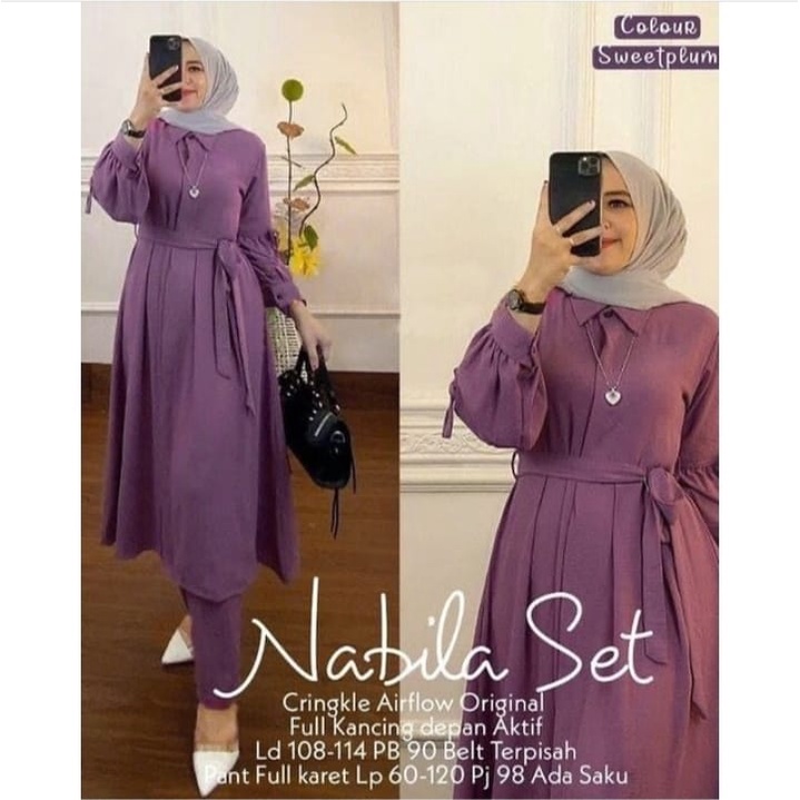 Nabila Set Baju Wanita Setelan Terbaru 2022/Setelan Muslim Wanita Terbaru Bahan Crinkle Airflow/Setelan Long Tunik Set/Fashion Outfit Set 2 In 1 Anti Kusut