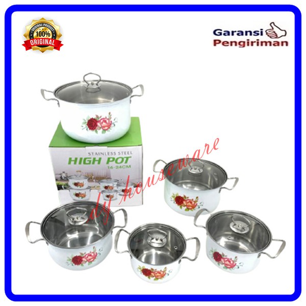 Panci Set High Pot Stainless Motif Kembang Tutup Kaca 5 Susun