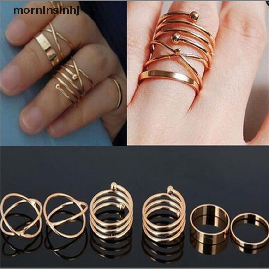 Mornin 6pcs / Set Cincin Buku Jari Aneka Bentuk Bahan Alloy Gaya Punk Untuk Wanita