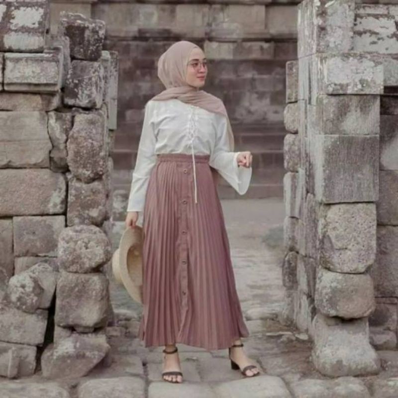 Rok Plisket Kancing Pleated Skirt /Flare Button Skirt Panjang