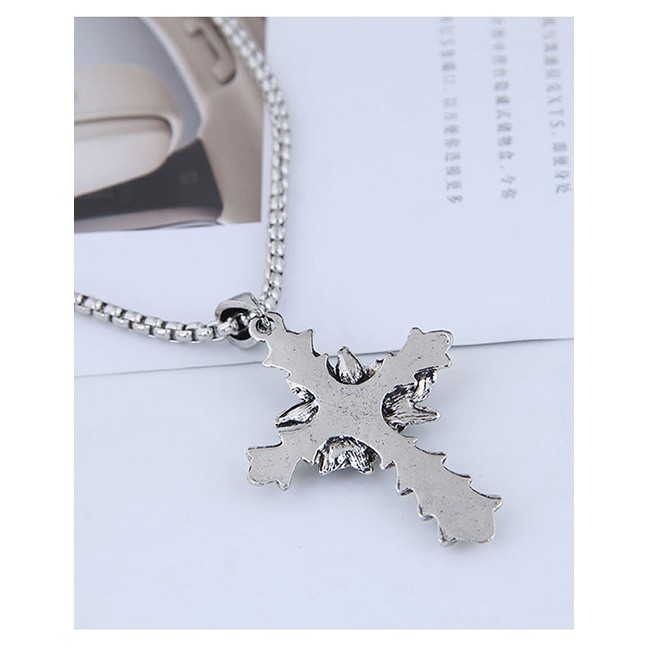 LRC Kalung Fashion Silver Metal Rose Cross Long Necklace A57439