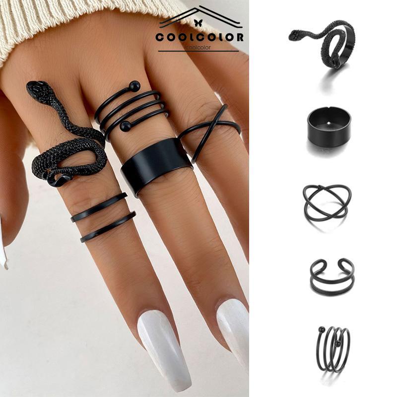 COD 5Pcs/Set  kreatif ms. Jane cincin wanita menggabungkan cincin ular hitam geometri- cl