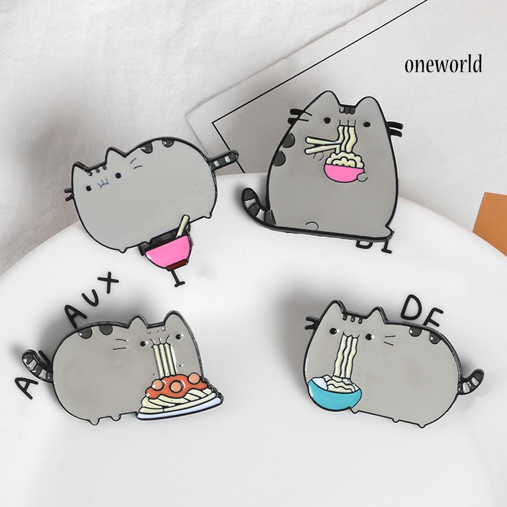 OW@ Cute Cartoon Fat Cat Eat Noodles Enamel Brooch Pin Collar Lapel Badge Jewelry