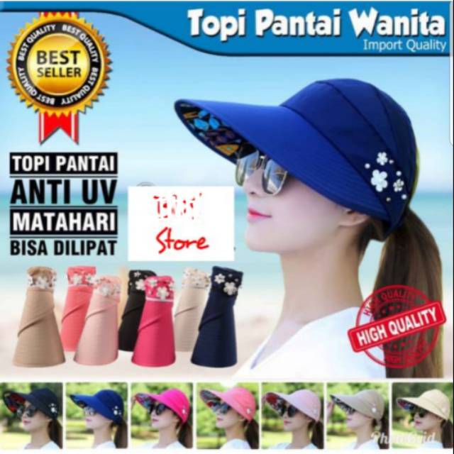 Topi pantai wanita import, topi anti UV gulung