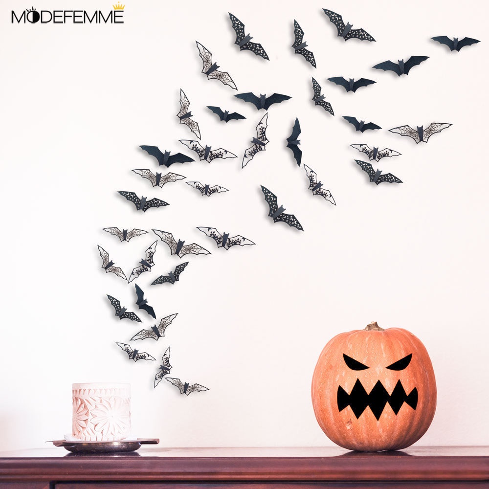 12 Pcs Stiker Dinding Desain Kelelawar 3D Warna Hitam Untuk Dekorasi Halloween