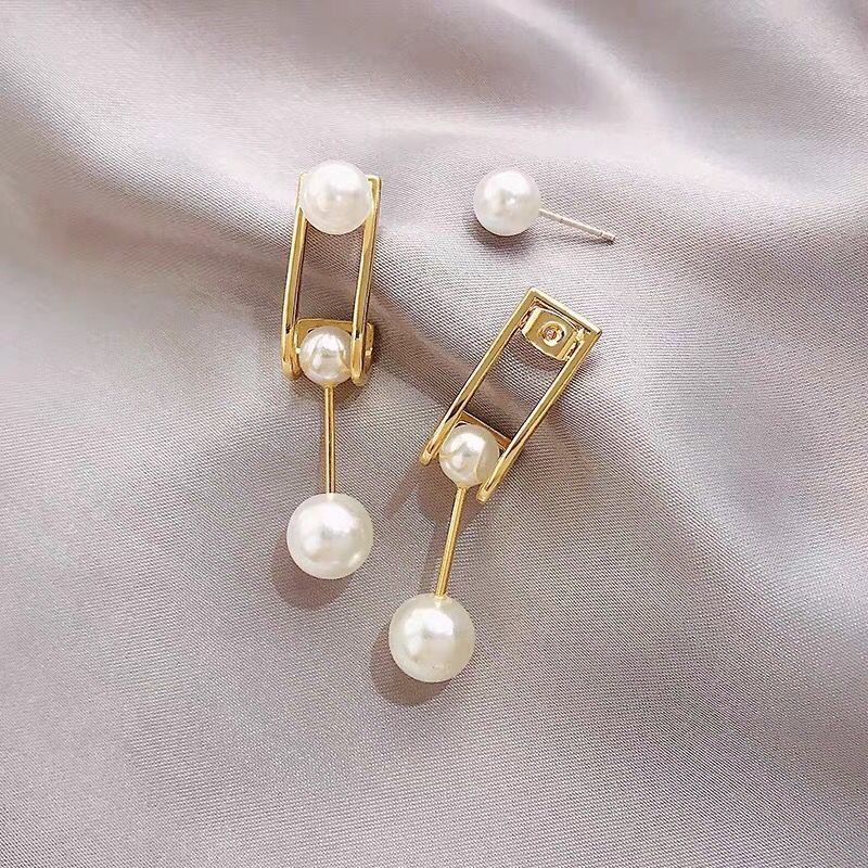 Anting Tusuk Gantung Desain Geometri 3 Layer Hias Mutiaraberlian Imitasi Gaya Korea Untuk Wanita