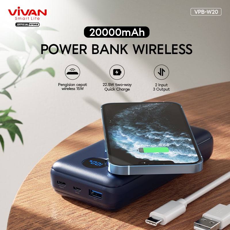 VIVAN Powerbank 20000 mAh VPB-W20 Wireless 3 Output Fast Charging 15W QC3.0 PD Support Smartphone All Type-Garansi Resmi ORIGINAL