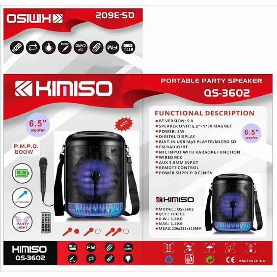 SPEAKER BLUETOOTH KIMISO 6'5 INCH QS-3602LED PLUS MIC KARAOKE X-BASS//SPEAKER SALON AKTIF//SPEAKER KARAOKE