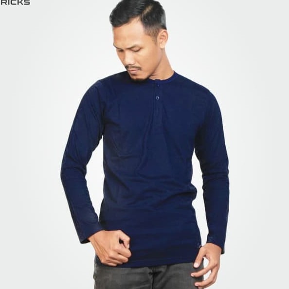 Baju Kaos Henley Berkancing LENGAN PANJANG - BIRU DONGKER