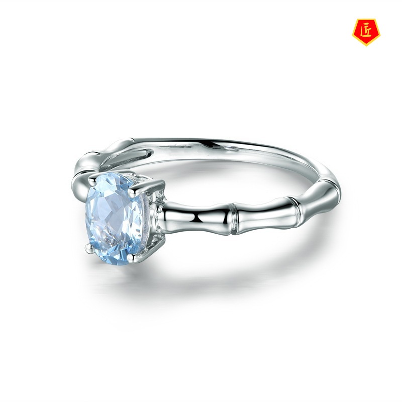 [Ready Stock]Temperament Creativity Silver Bamboo Joint Aquamarine Ring