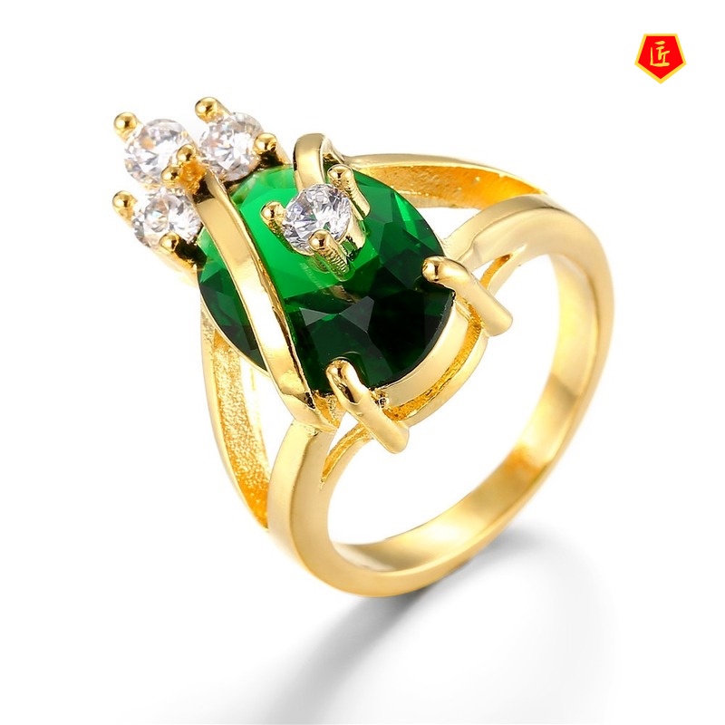 [Ready Stock]18K Gold Luxury Diamond Emerald Ring