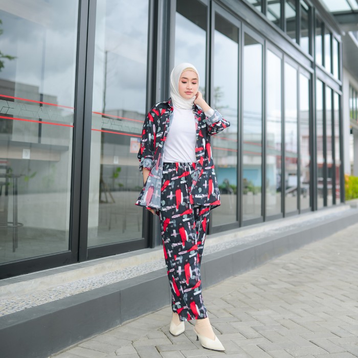BAJU ONE SET KATUN RAYON PREMIUM KEMEJA KATUN RAYON WANITA BAJU TIDUR PIYAMA-HITAM