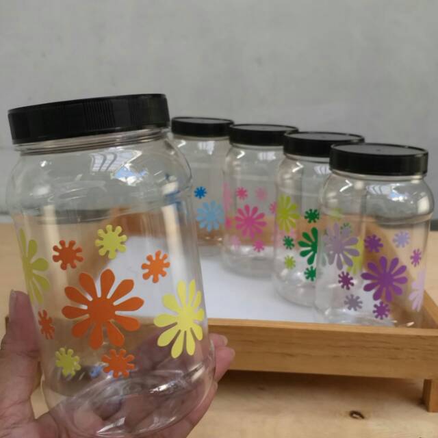  10 pcs jar plastik 500ml bulat stiker bunga cantik  