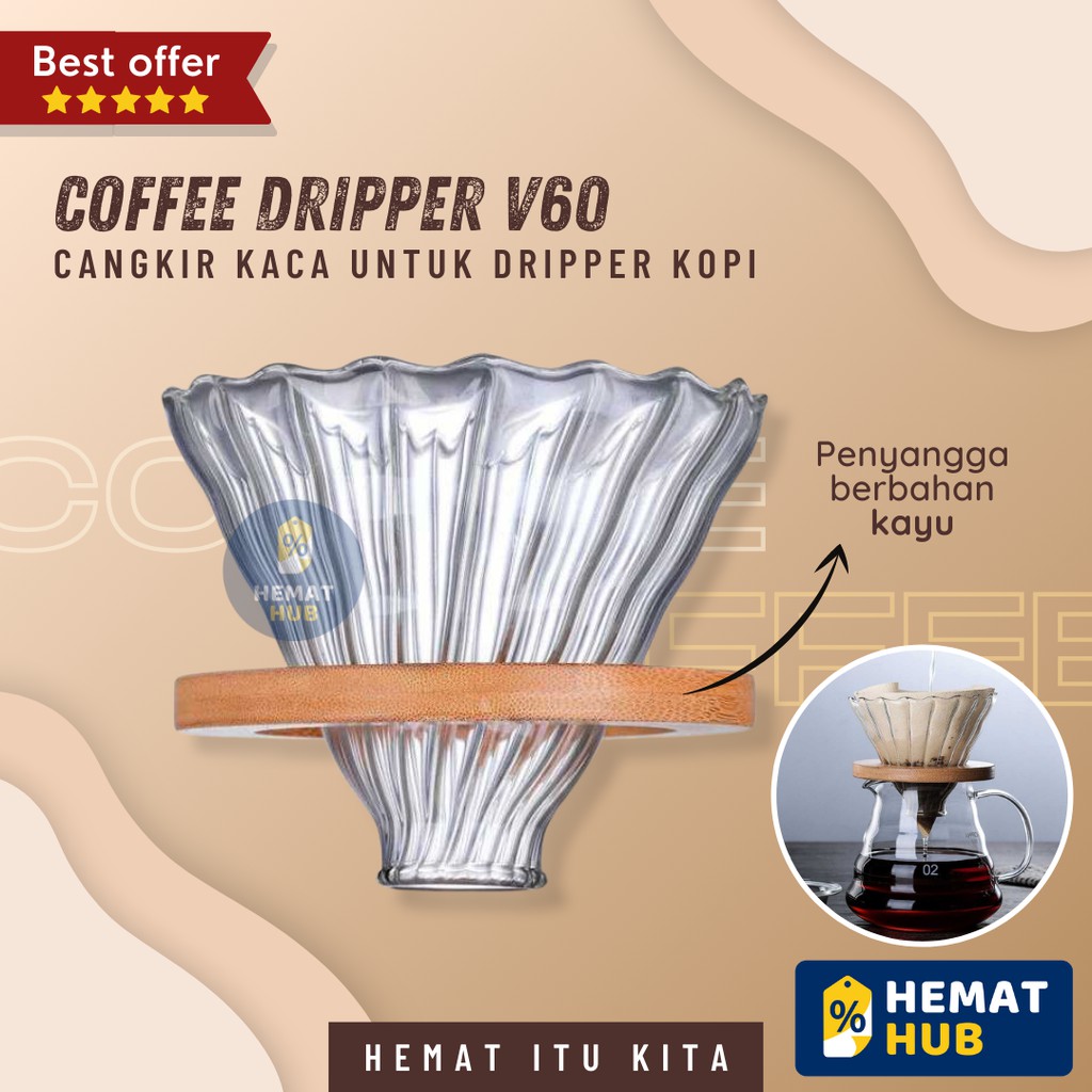 V60 Dripper Set Glass Cone Wooden Bracket Coffee Drip Filter Kaca Alat Penyaring Kopi Pour Over