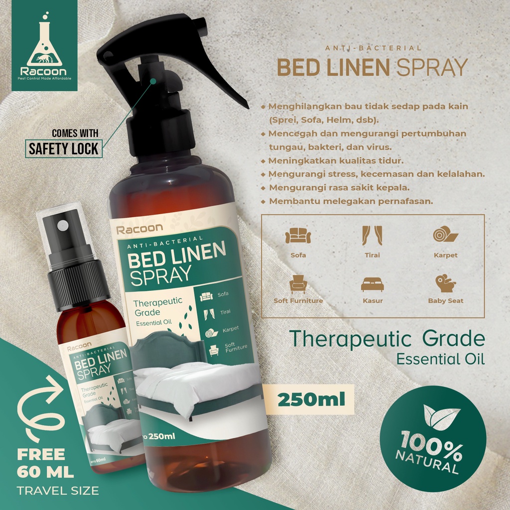 Racoon Bed Linen Spray / Anti Bacterial, Anti Fungus &amp; Anti Virus / Essential Oil RACOON 250ml FREE TRAVEL SIZE 60 ML