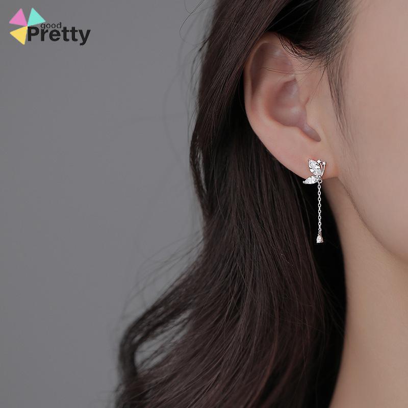 Anting Kupu-kupu Rumbai Drop Earrings Retro French Temperamen Indah Flash Diamond Earrings - PD