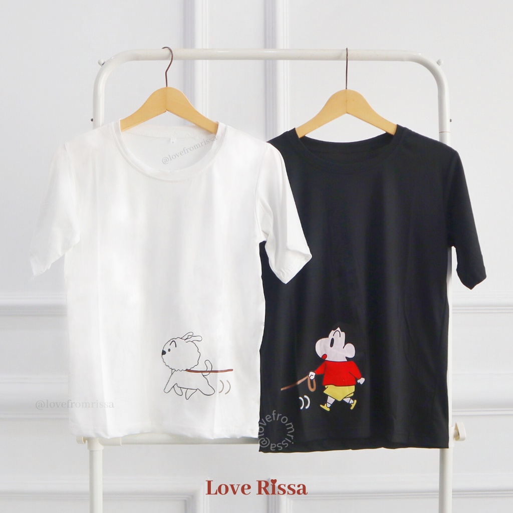 Kaos Tshirt Couple Shinchan Shiro Unisex Atasan Korean Street Baju Lengan Pendek Love Rissa