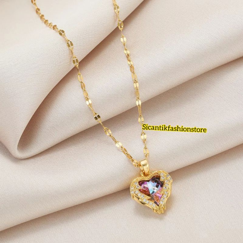 Kalung Wanita Titanium Liontin Love Permata Kristal 18k Gold  Anti Karat selamanya Kalung Titanium Wanita Terbaru Terlaris Mewah Liontin Love Kristal