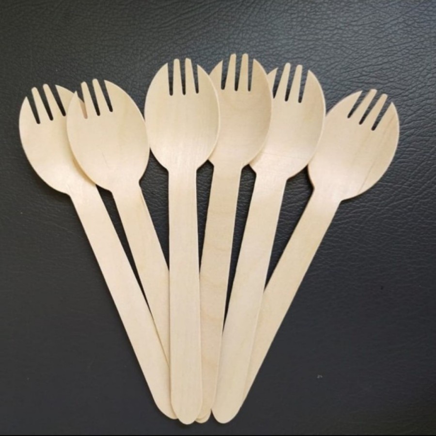 ( DAPAT 5pcs ) Spork 2 in 1 Sendok Garpu Kayu Natural Disposable Sfork Fork Half Rice spoon fork