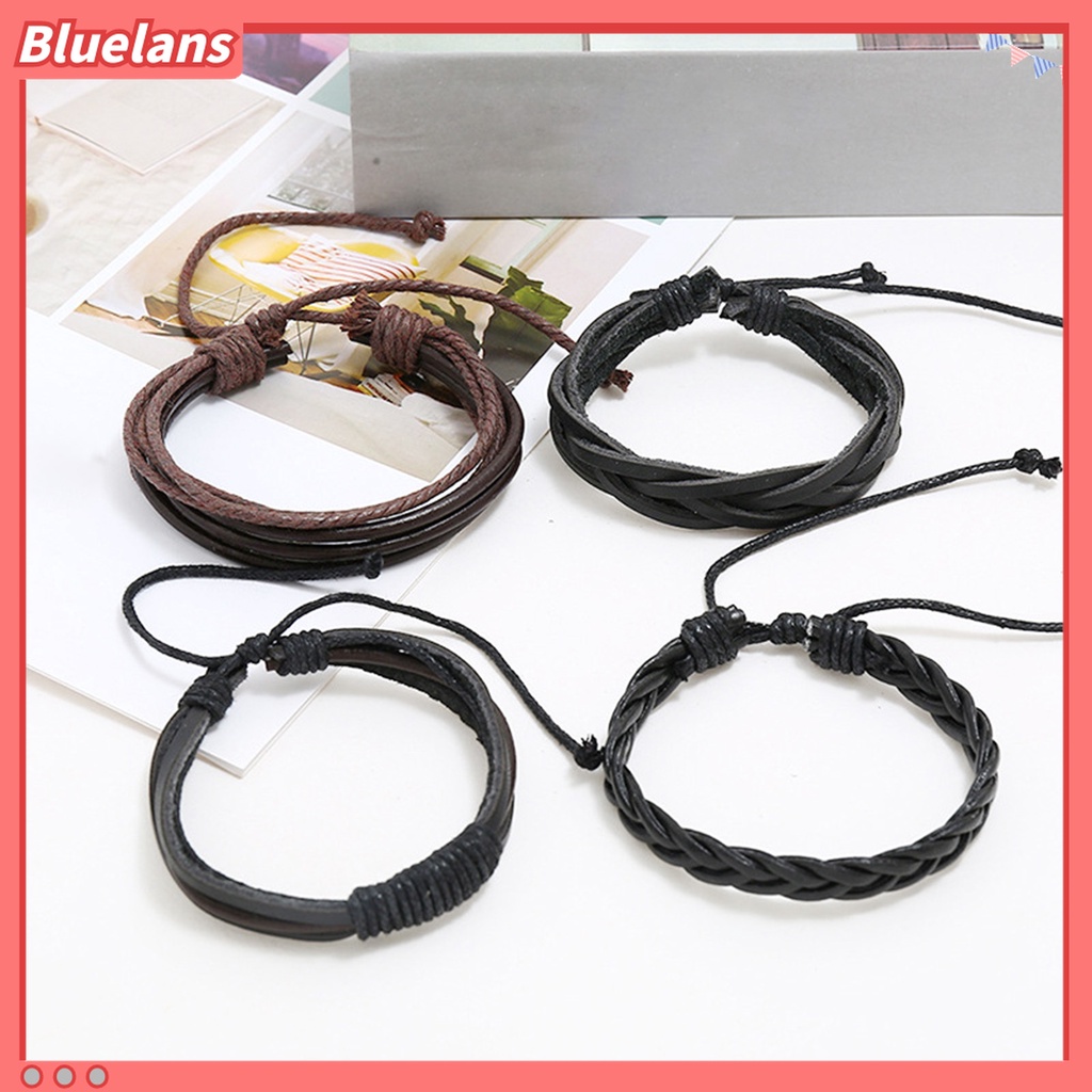 4pcs / Set Gelang Tali Kepang Multilayer Adjustable Handmade Bahan Kulit Imitasi Untuk Unisex
