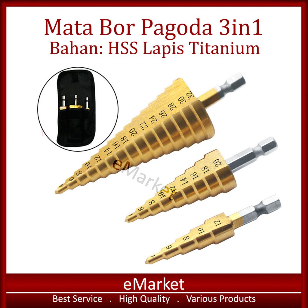 Mata Bor Pagoda 3in1 / Bahan HSS Lapis Titanium / Pouch
