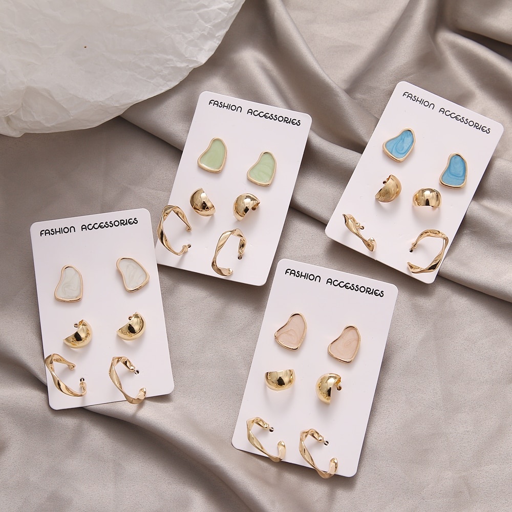 3 Pair Korean Colorful Geometric Stud Earrings Fashion Gold Hoop Earring for Women Jewelry Accessories