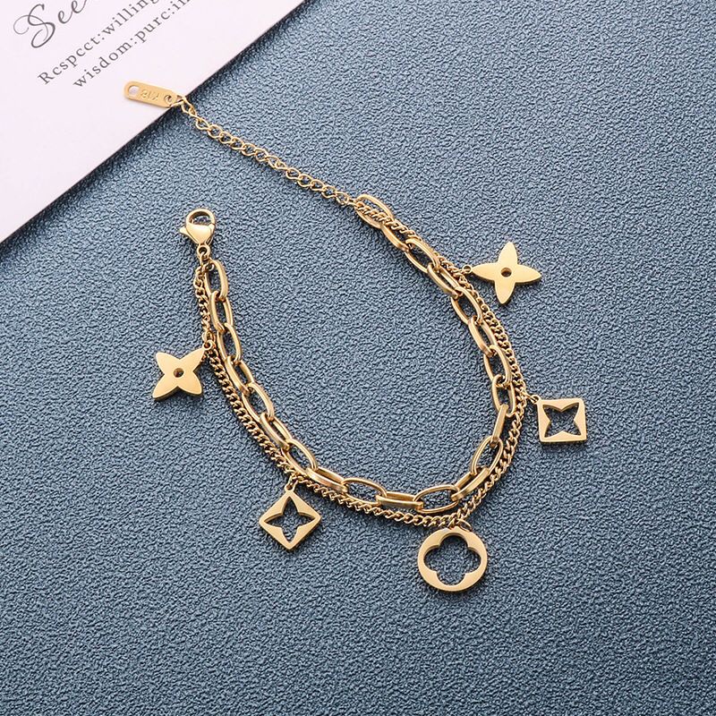 Gelang Tangan Titanium Clover 2 Layer Korea Anti Karatan Anti Luntur