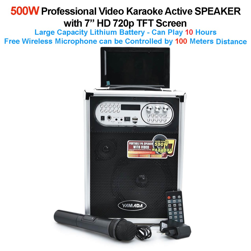 Speaker Video Karaoke TV 7" Portable 500W Wireless Mic USB Memory Card MicroSD Yamada DM-Q89V