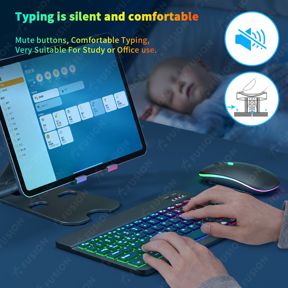 Fusion 10 Inch Backlit Backlight Wireless Keyboard And Mouse LED Colorful Bluetooth Keyboard For iPad Laptop Android iPhone