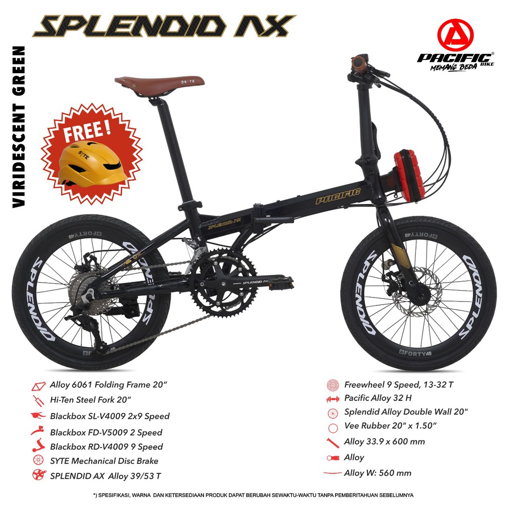 SEPEDA LIPAT PACIFIC AX 20&quot; 9 SPEED FRAME ALLOY BICYCLE FOLDING BIKE FREE BAG &amp; HELM