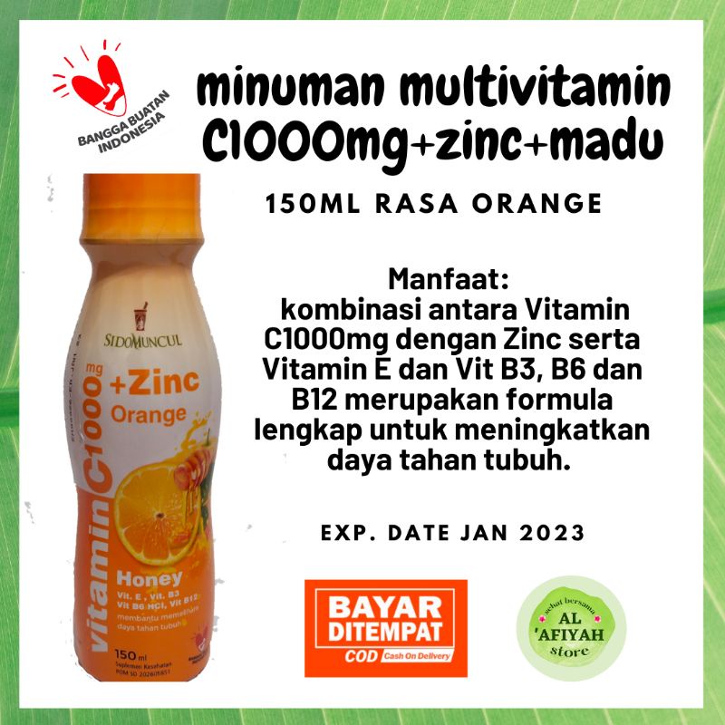 

Minuman Multivitamin Sidomuncul Vitamin C1000mg+Zinc+Orange+Madu Isi 150ml untuk Daya Tahan Tubuh
