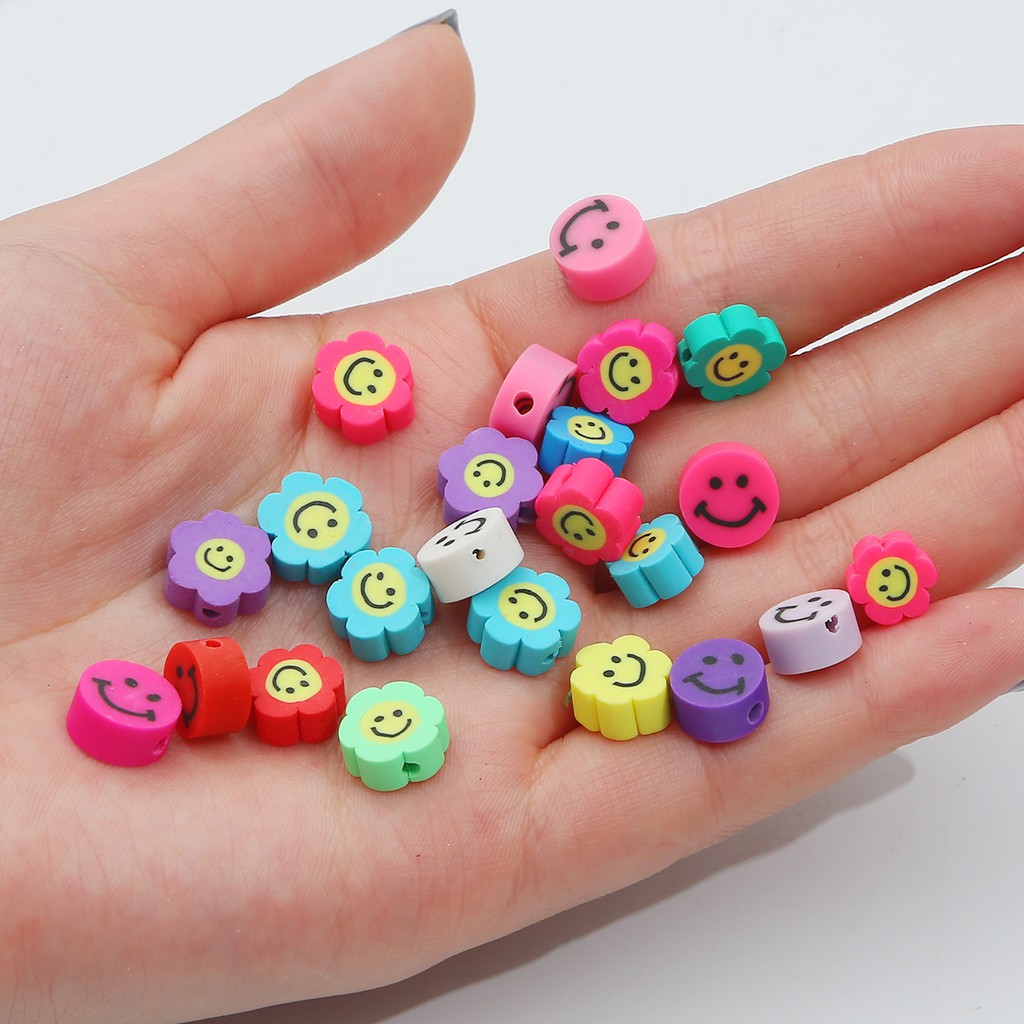 10pcs Manik-Manik Bahan Polymer Clay Desain Wajah Tersenyum Ukuran 10mm Gaya Boho Untuk Membuat Perhiasan