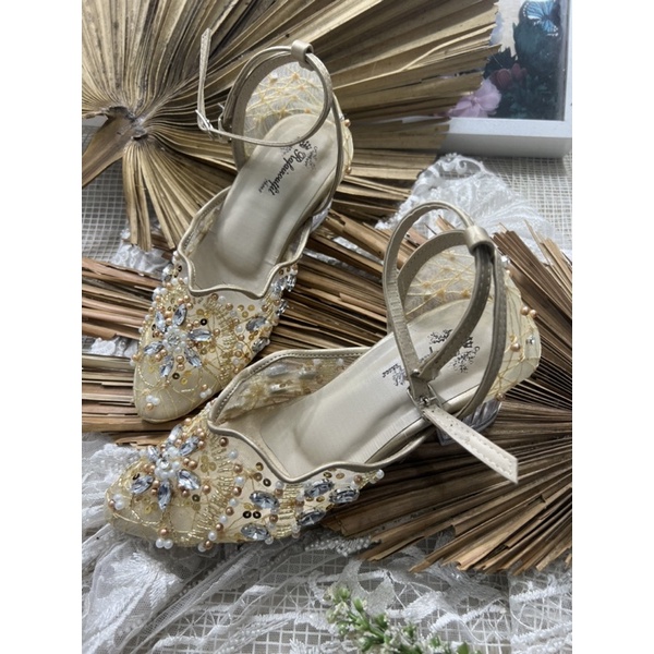 sepatu Rafaizoutfit maharani sepatu wedding shoes wrna gold tinggi 5cm kaca