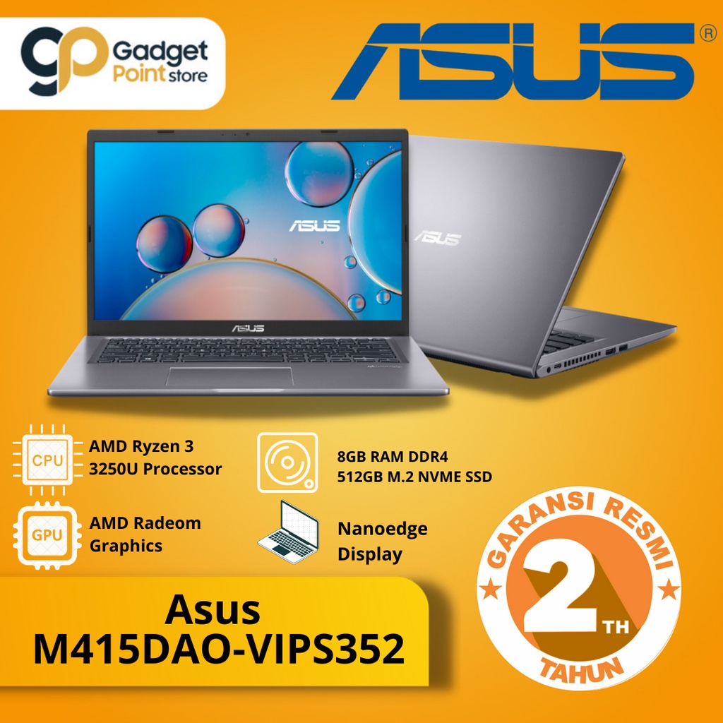 Asus Laptop VivoBook M415DAO-VIPS352 /AMD Ryzen 3-3250U / 8GB / 512GB SSD / 14″ / Windows 10 - Original Garansi Resmi 1 tahun