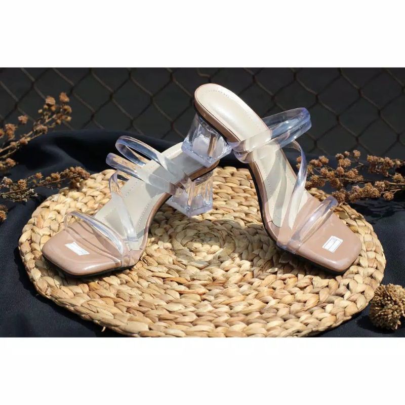 Sandal high heels hak tahu kaca tali jelly 5cm wanita murah
