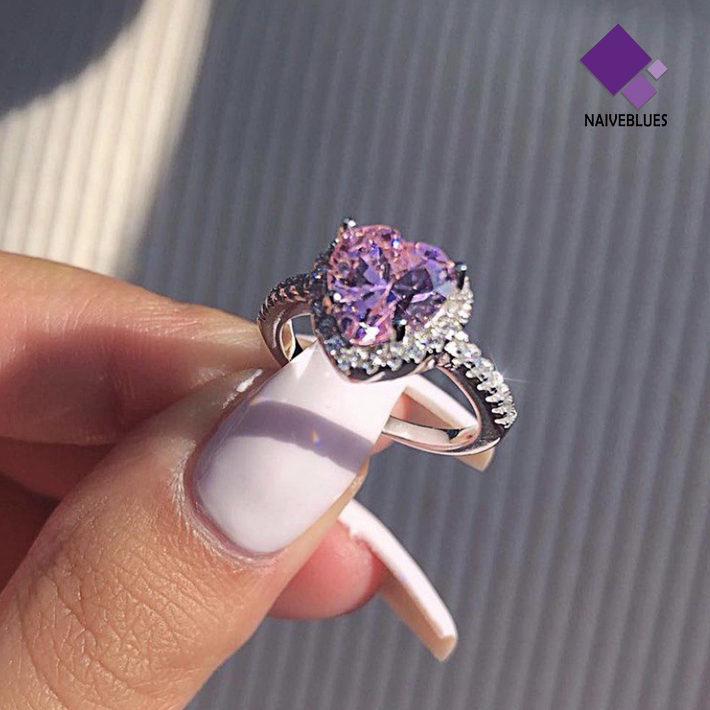 Naiveblue Cincin Platinum Bentuk Hati Hias Berlian Imitasi Warna Pink Untuk Wanita