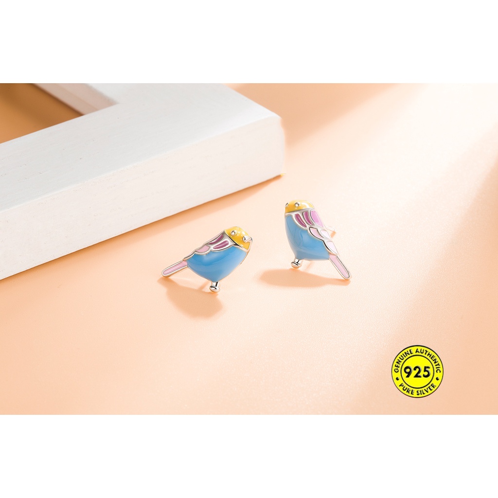 Anting Stud Silver Needle Bentuk Burung Warna-Warni Anti Alergi Untuk Wanita