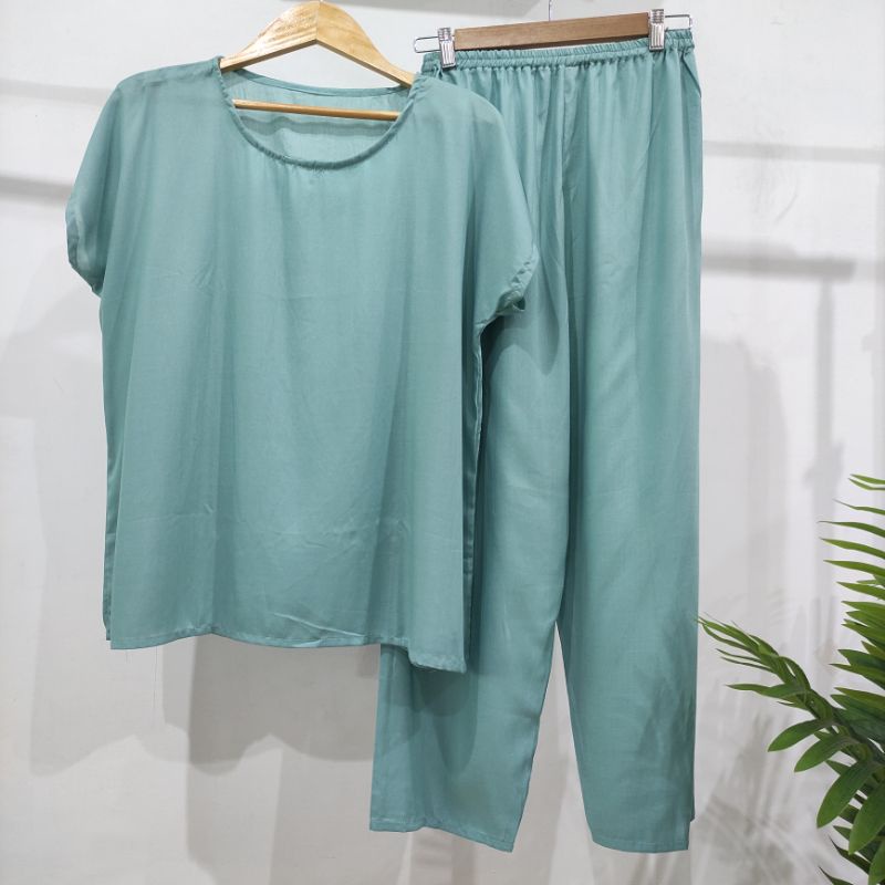 BAJU TIDUR POLOS PIYAMA POLOS CELANA PANJANG LENGAN PENDEK BAHAN RAYON babbydoll-POLOS TOSCA