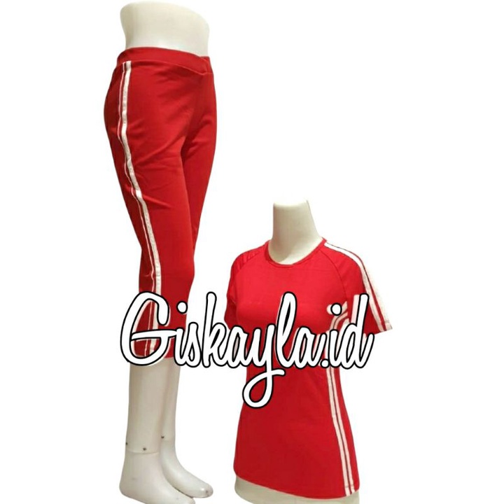 Setelan senam pendek atasan kaos pendek dan celana senam pendek wanita - MERAH LIST PUTIH